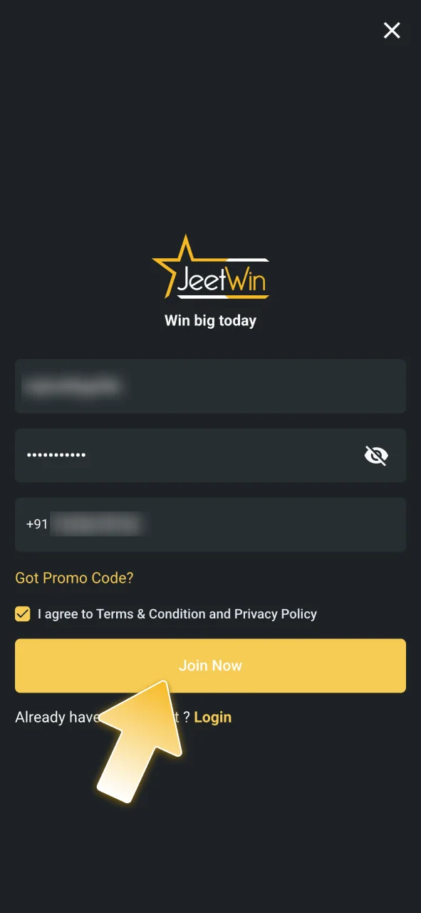 Set a secure password to finish your JeetWin sign up.
