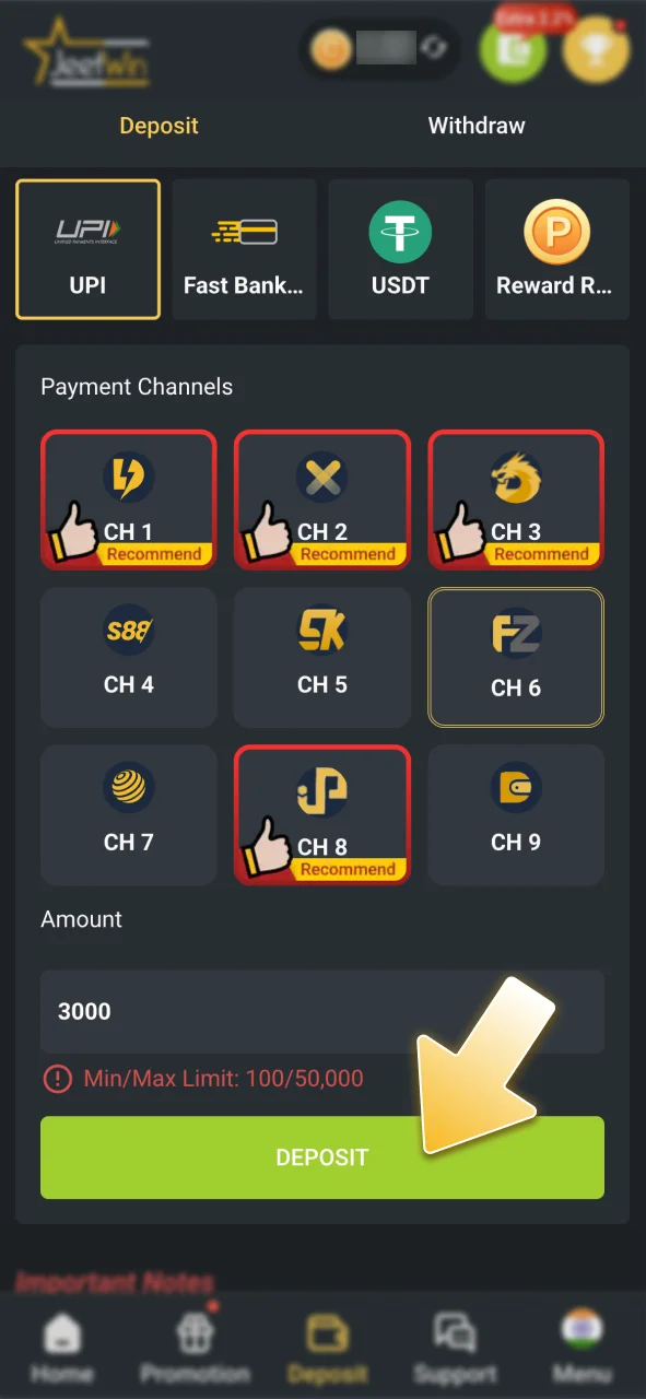 Choose a wallet to make a secure deposit at JeetWin.