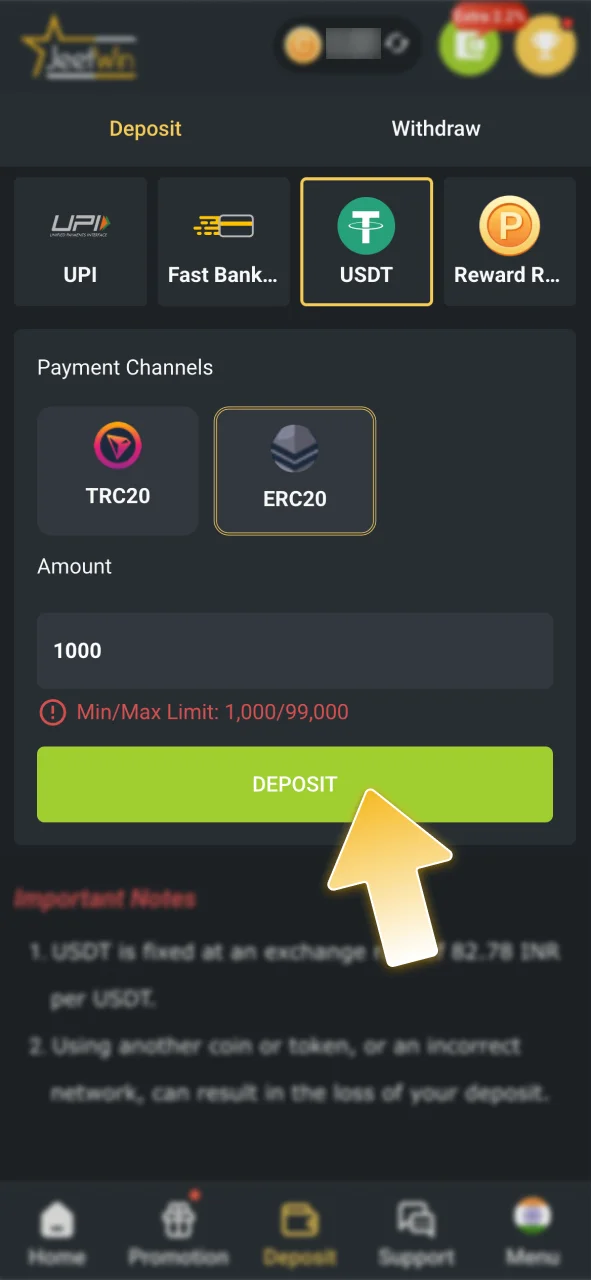 Open the JeetWin cashier to make an instant INR deposit.
