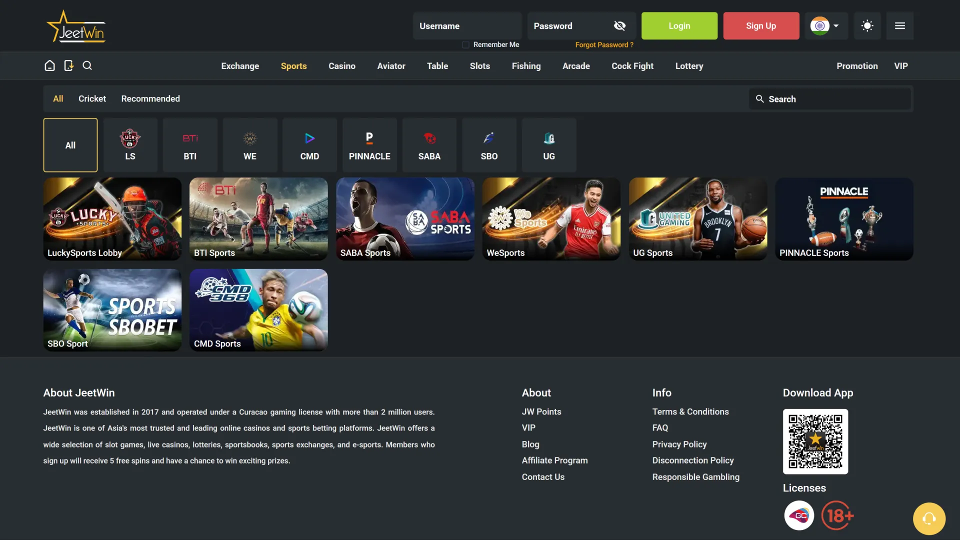 Sports events section of the official Jeetwin website.