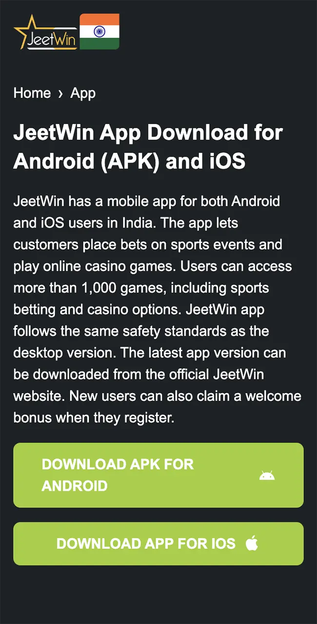 Start installing the app by going to the JeetWin casino website.