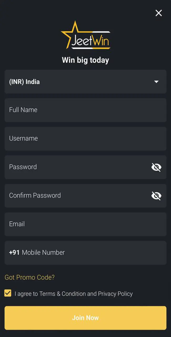 JeetWin casino registration form.