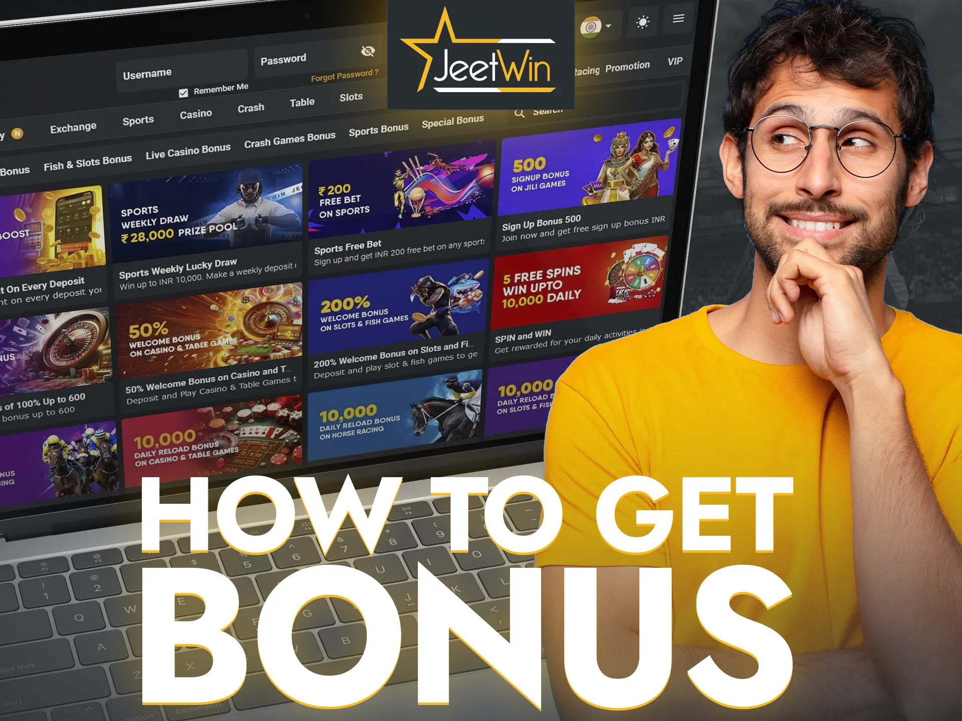 To get the bonus from JeetWin you need to register in a few clicks and make a quick deposit.