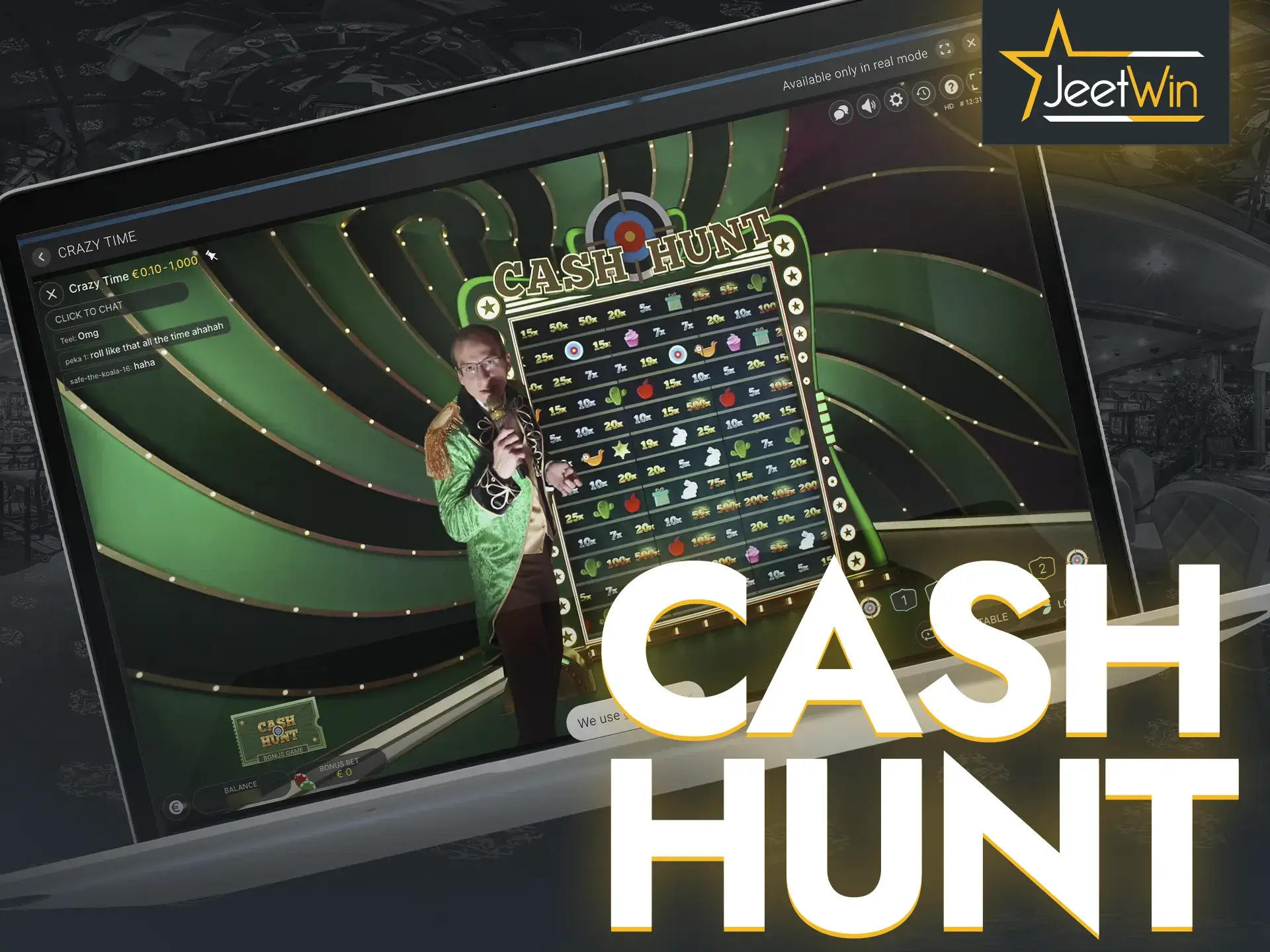 Trust your luck and knock out the bonus in the Cash Hunt round of the Cash Hunt game Crazy Time from JeetWin Casino.