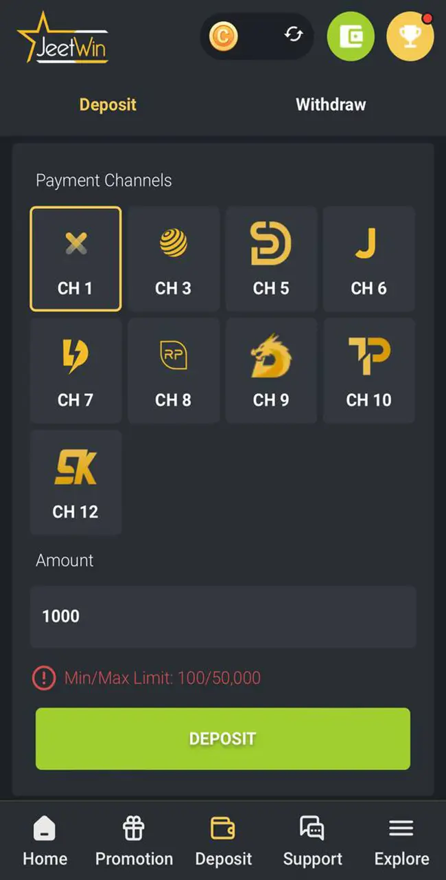 Highlight the amount you need to deposit into your JeetWin Casino account.