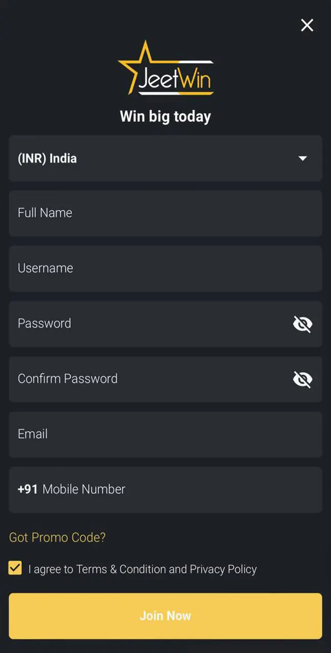 Start your JeetWin registration and familiarise yourself with the fields you need to fill in.