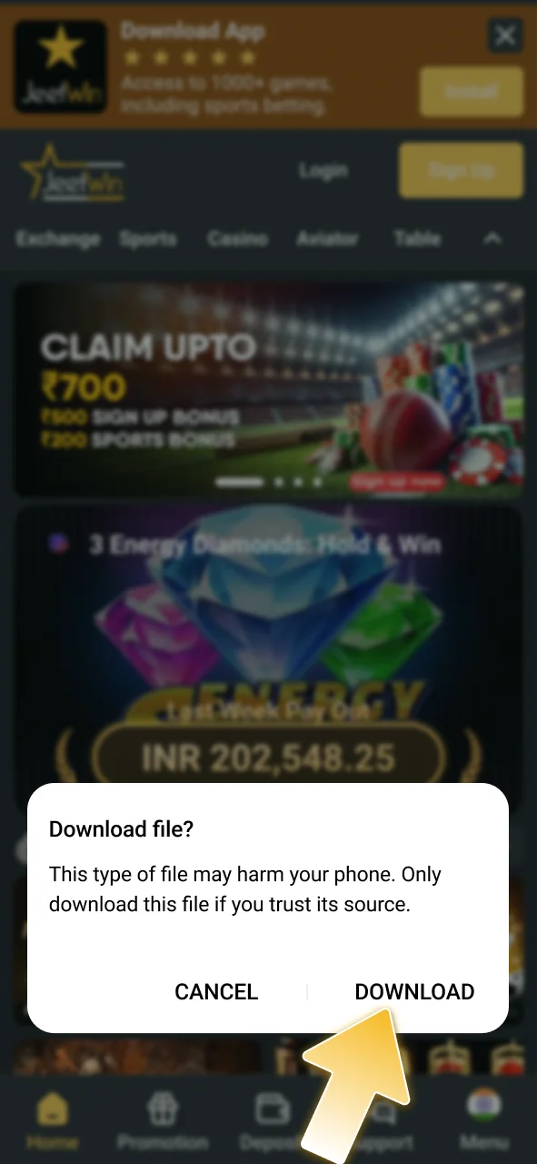 Start the JeetWin app installation on your Android.