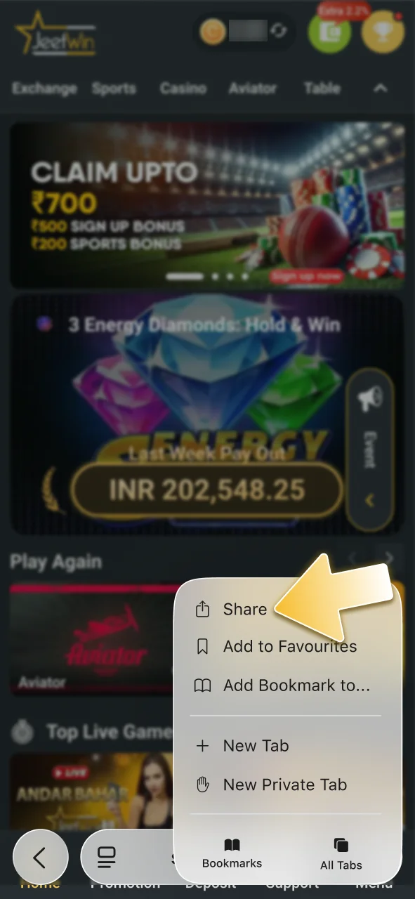 Tap the share icon in Safari for JeetWin app setup.