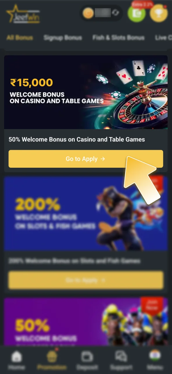 Select the casino bonus offer on the JeetWin promo page.