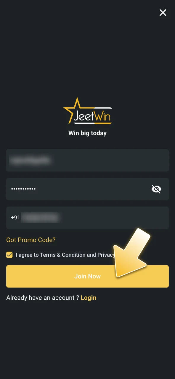 Tap sign up on the JeetWin site to start playing.