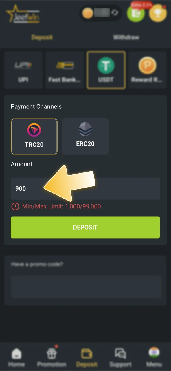 Enter your INR amount at the JeetWin cashier.