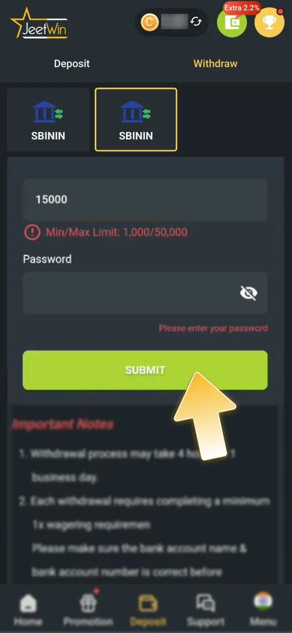 Open the JeetWin cashier to withdraw your winnings.