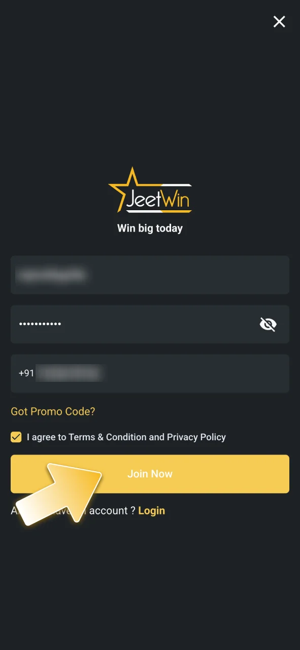 Register at JeetWin with your mobile number or email.