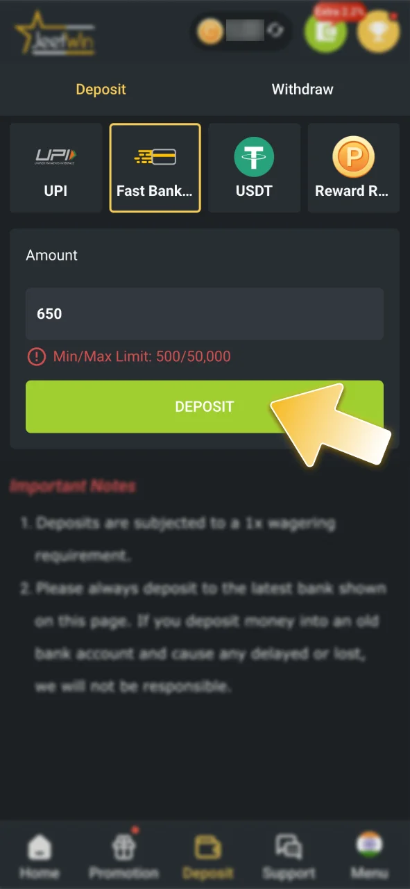 Enter the deposit amount at JeetWin and complete the payment.
