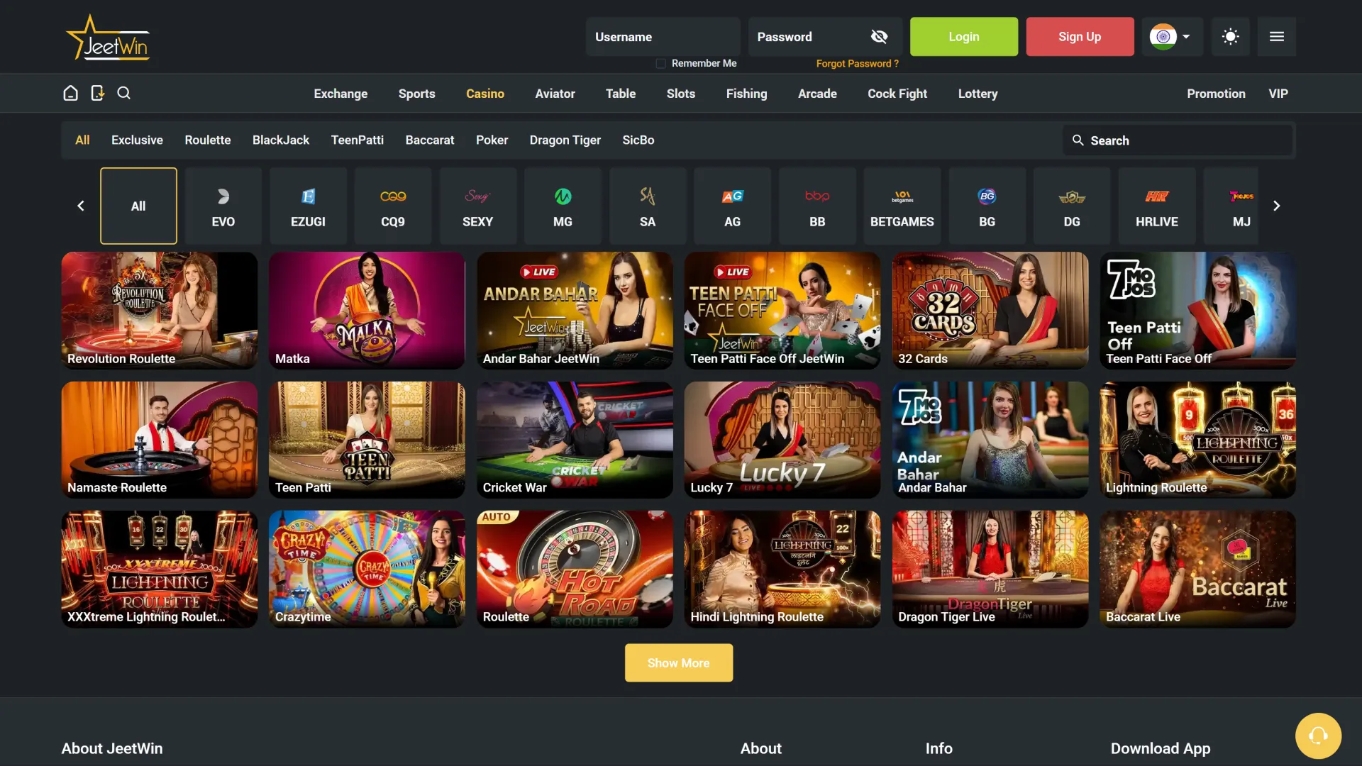A wide selection of casino games on the official Jeetwin website.