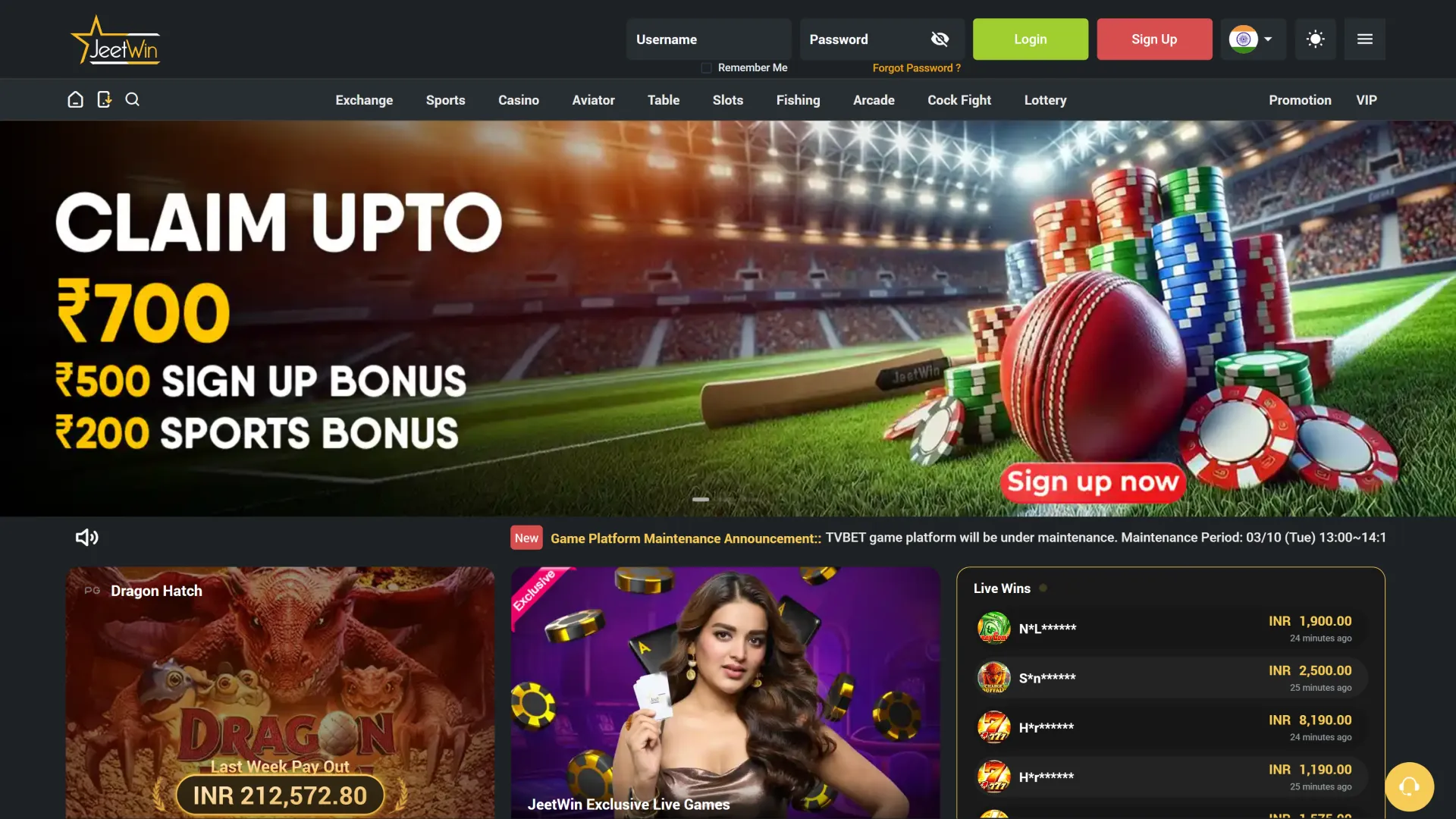 Home page of the official Jeetwin website.