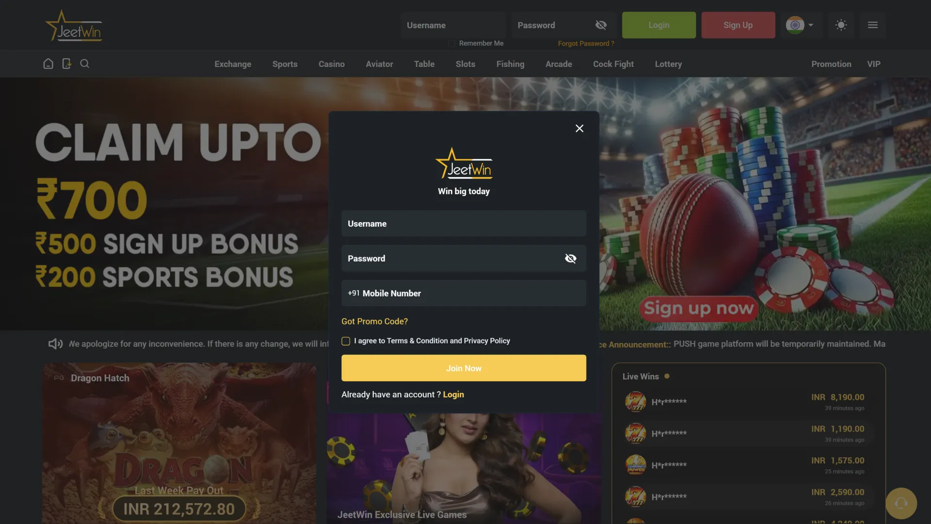 Registration form on the official Jeetwin website.