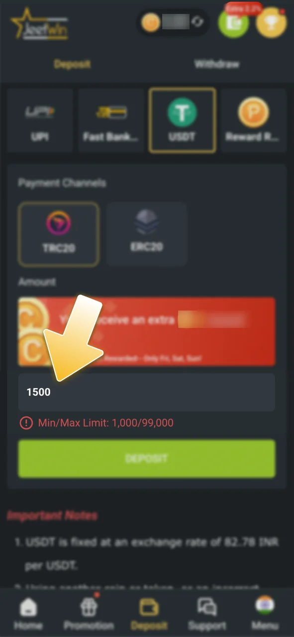 Fill in the deposit field to top up your JeetWin balance.