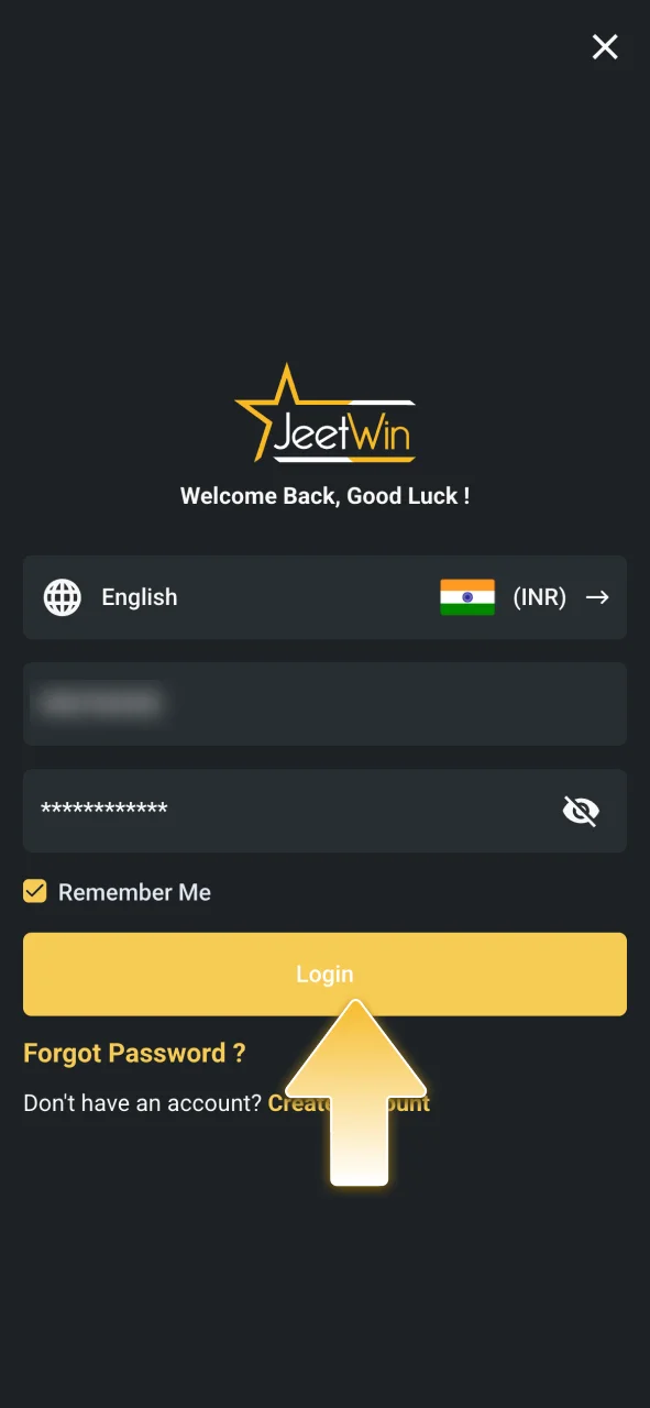Log in to JeetWin to access the cashier and games.