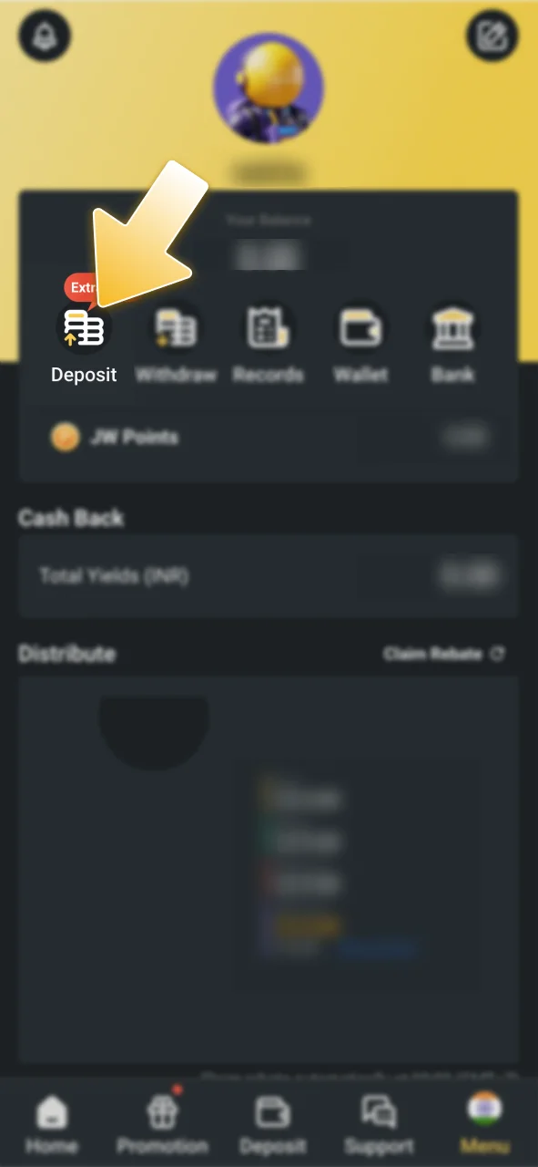 Tap the cashier icon at JeetWin to start a deposit.