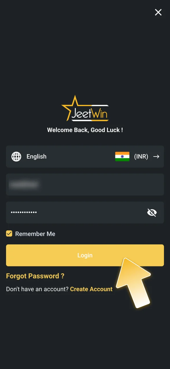 Log into JeetWin with your mobile number and password.