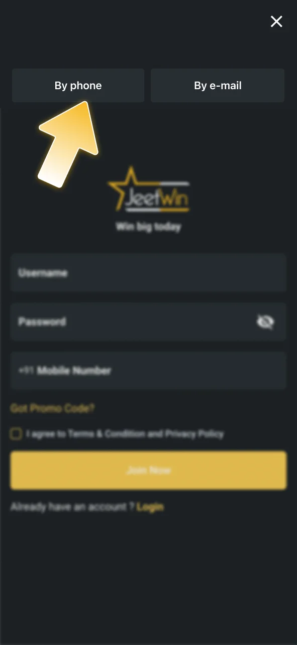 Select mobile or email to register your JeetWin account.
