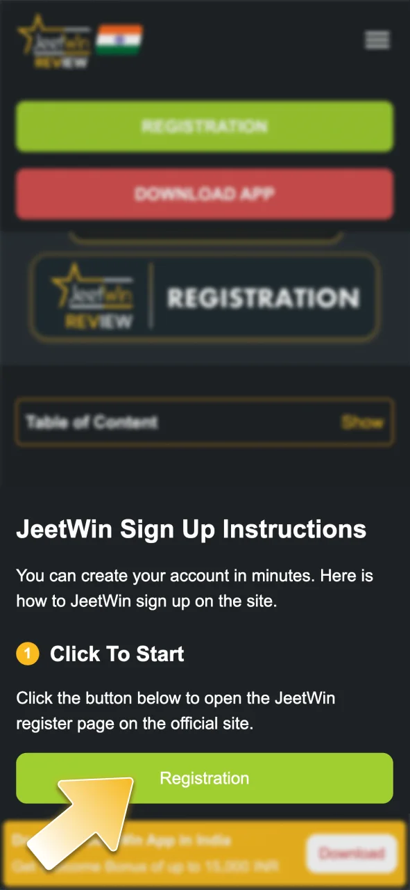 Click the button to open the JeetWin register page.