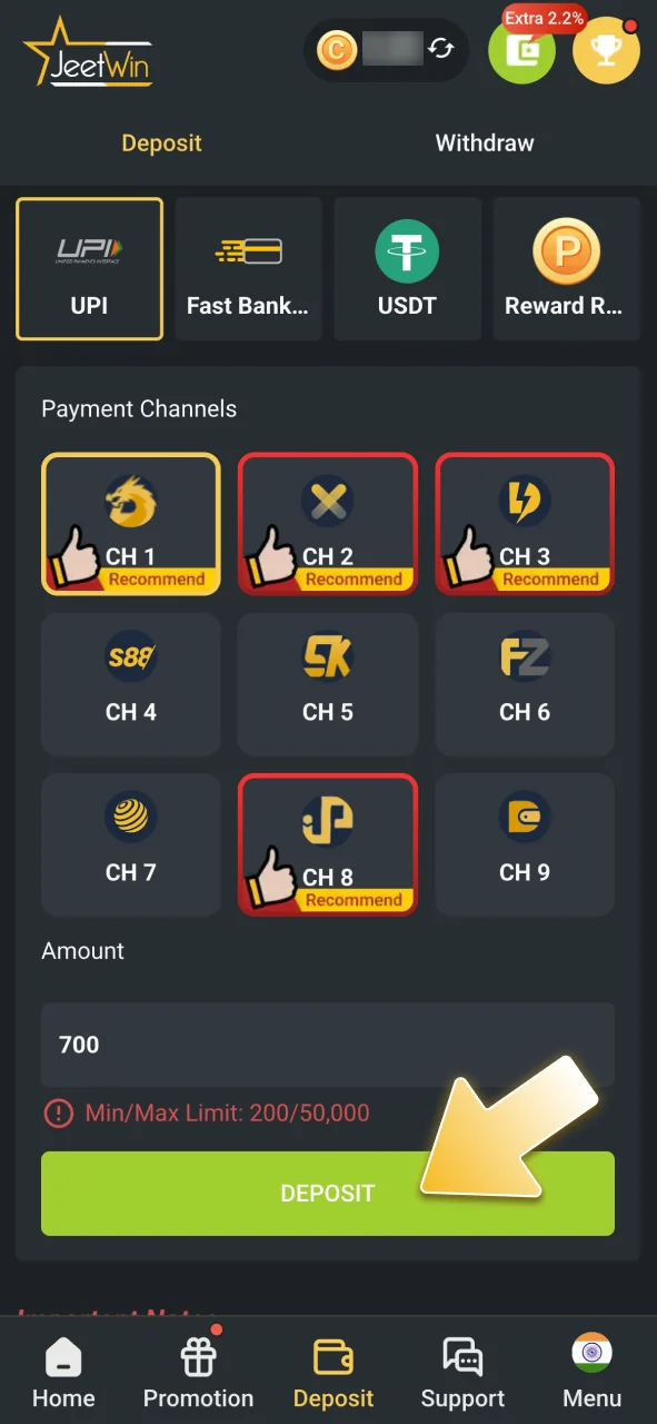 Make your first deposit at JeetWin and start playing.