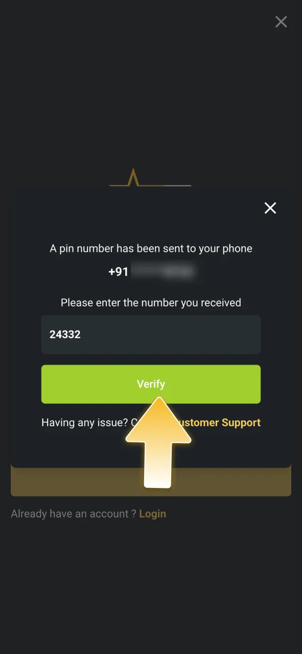 Use the code from your mobile to confirm JeetWin registration.